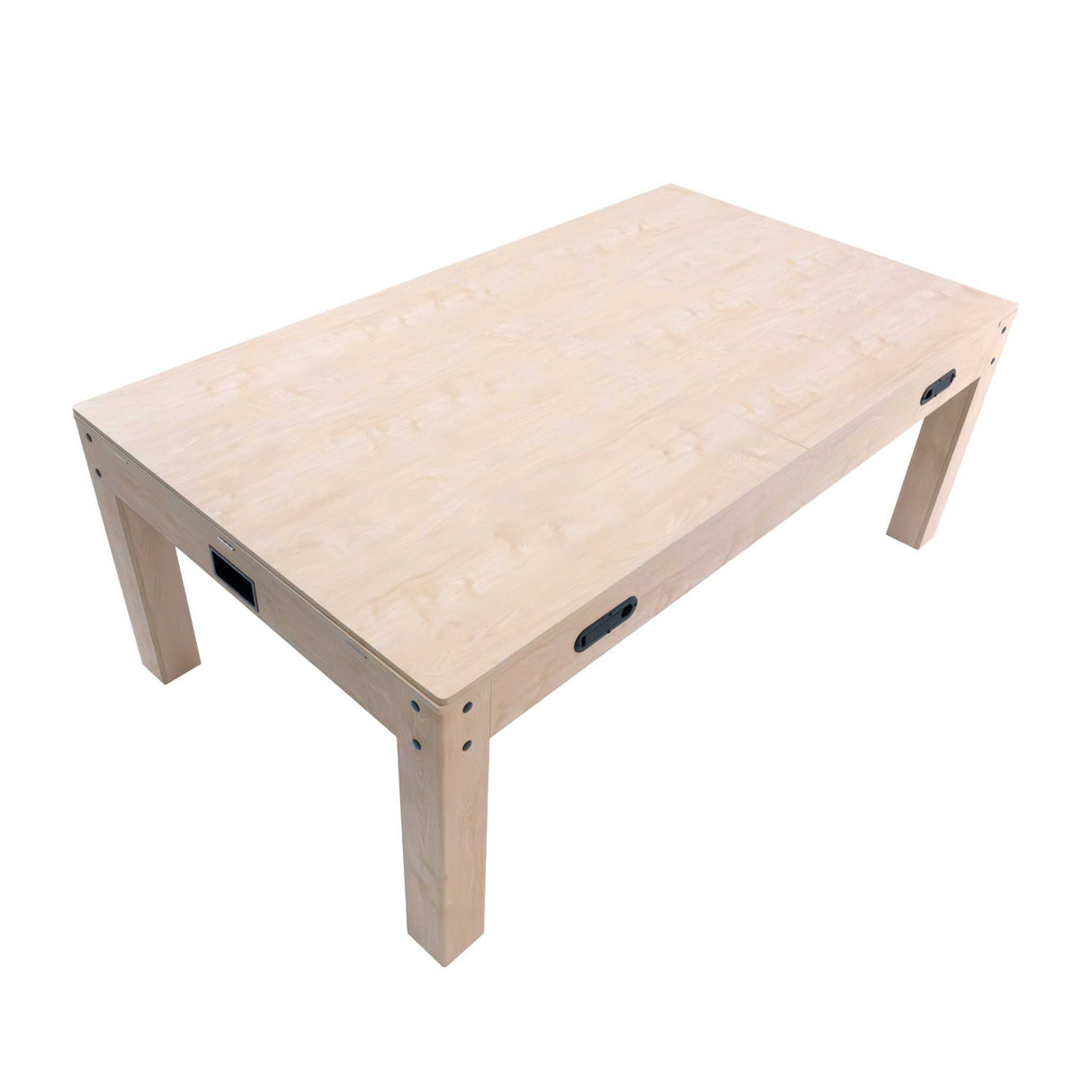 Table multi jeux 7 en 1 en chêne clair, surface lisse, design moderne avec des bords arrondis et des pieds robustes en bois naturel