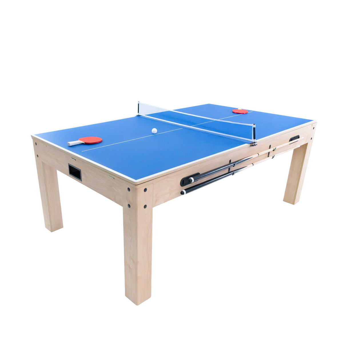 Table multi jeux 7 en 1 en chêne, surface bleue lisse, avec accessoires pour divers jeux, pieds robustes en bois clair