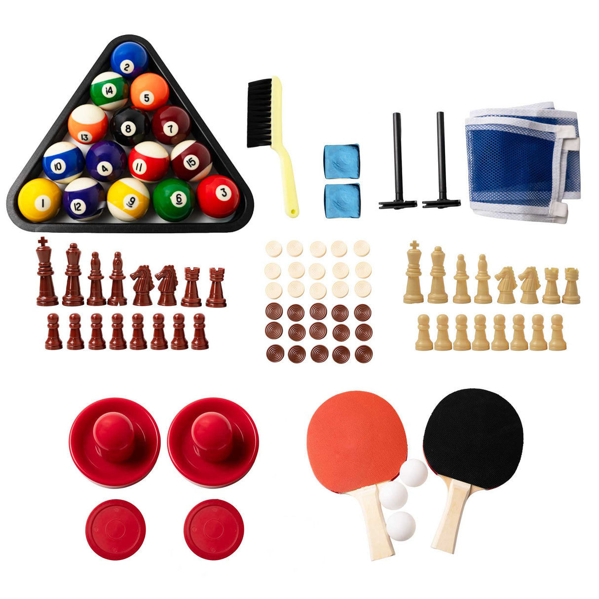 Jeu multi-fonction avec accessoires variés : boules de billard, pions d'échecs, raquettes de ping-pong, et plus, sur fond blanc