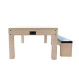 Table multi jeux 7 en 1 en chêne clair avec banc de rangement, surface lisse et tiroir discret pour un rangement pratique