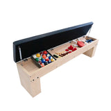 Table multi jeux 7 en 1 en chêne clair avec banc de rangement noir, contenant des accessoires colorés pour divers jeux