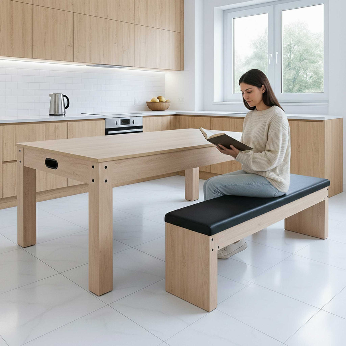 Table multi jeux 7 en 1 en chêne clair avec banc de rangement, finition lisse, design moderne et épuré, idéal pour les espaces familiaux