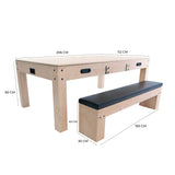 Table multi jeux en chêne clair avec banc de rangement, dimensions visibles, surface lisse et finitions soignées, design moderne