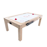 Table multi jeux 7 en 1 en chêne, avec surface de jeu blanche, lignes rouges et banc de rangement intégré, design moderne et fonctionnel