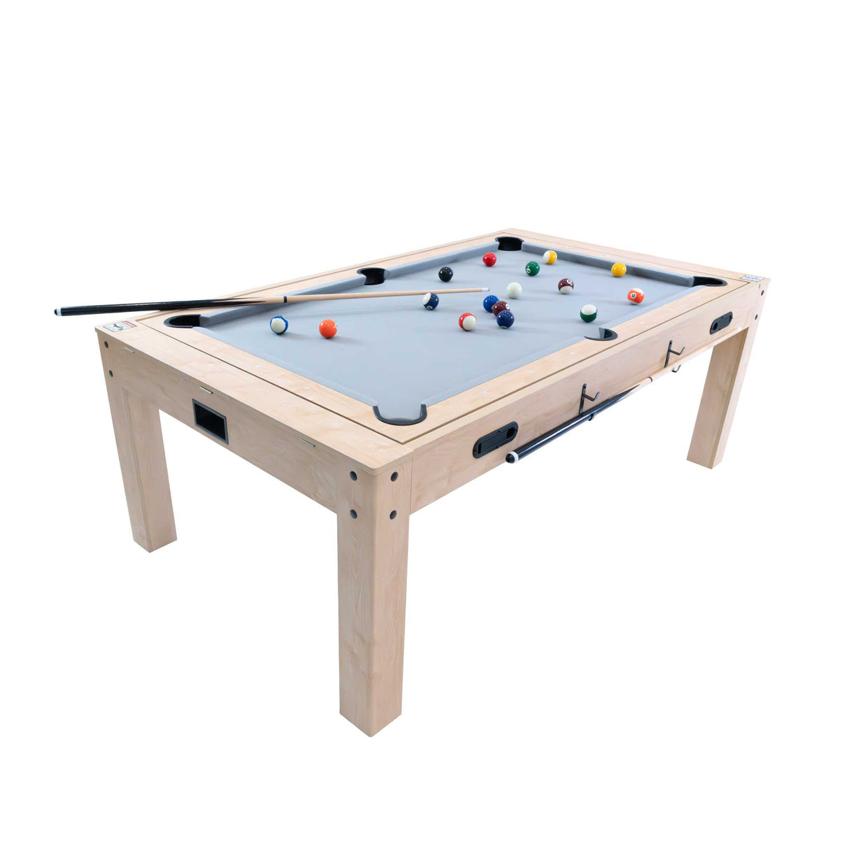 Table multi jeux 7 en 1 en chêne clair avec banc de rangement, surface grise, billes colorées et queues de billard en bois
