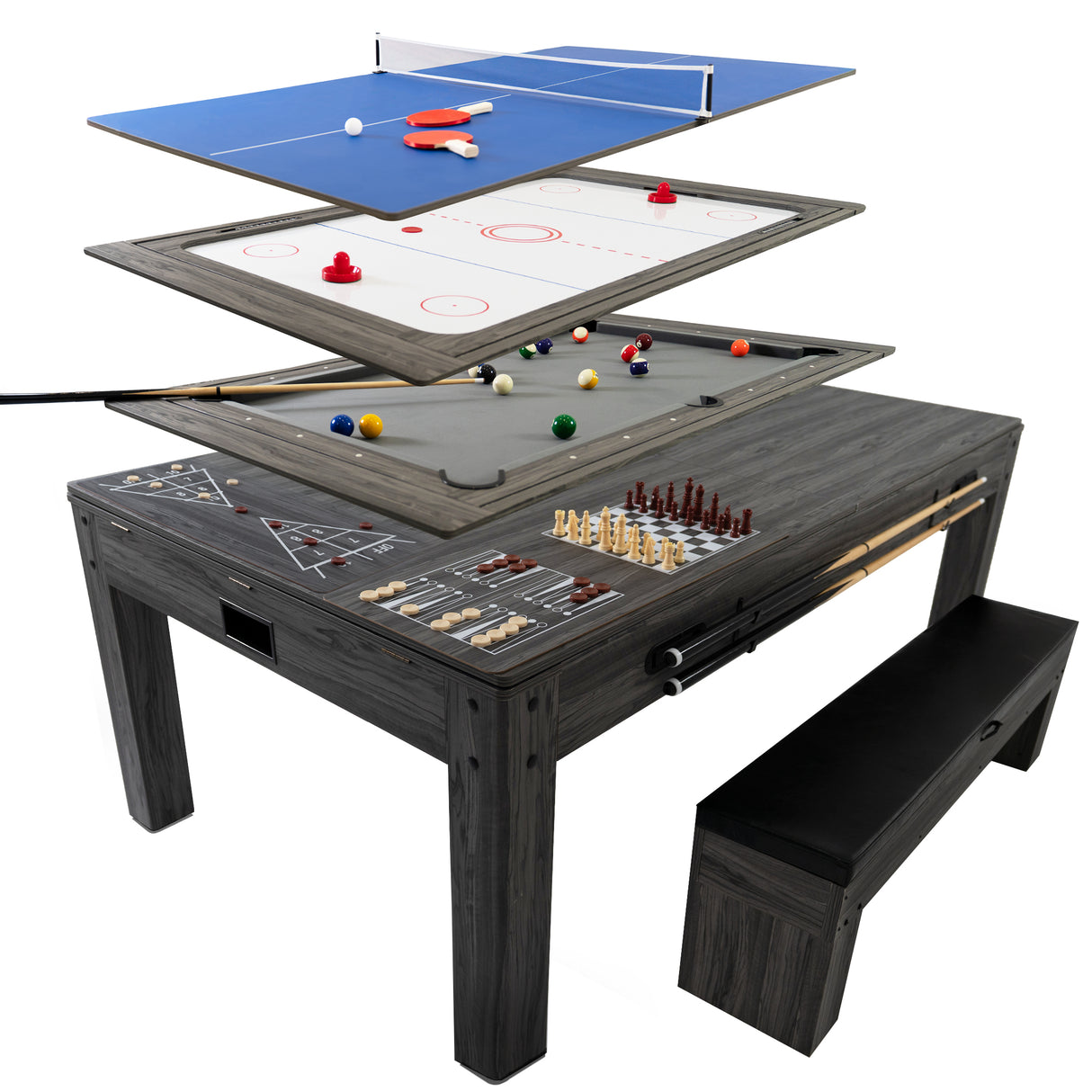 Table Multi Jeux 7 en 1 avec Banc de Rangement - Gris