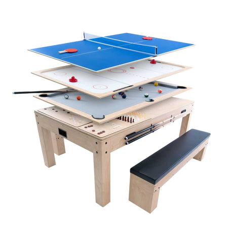 Table multi jeux 7 en 1 en chêne clair avec deux bancs de rangement, surfaces de jeu colorées pour divers jeux de société et sports