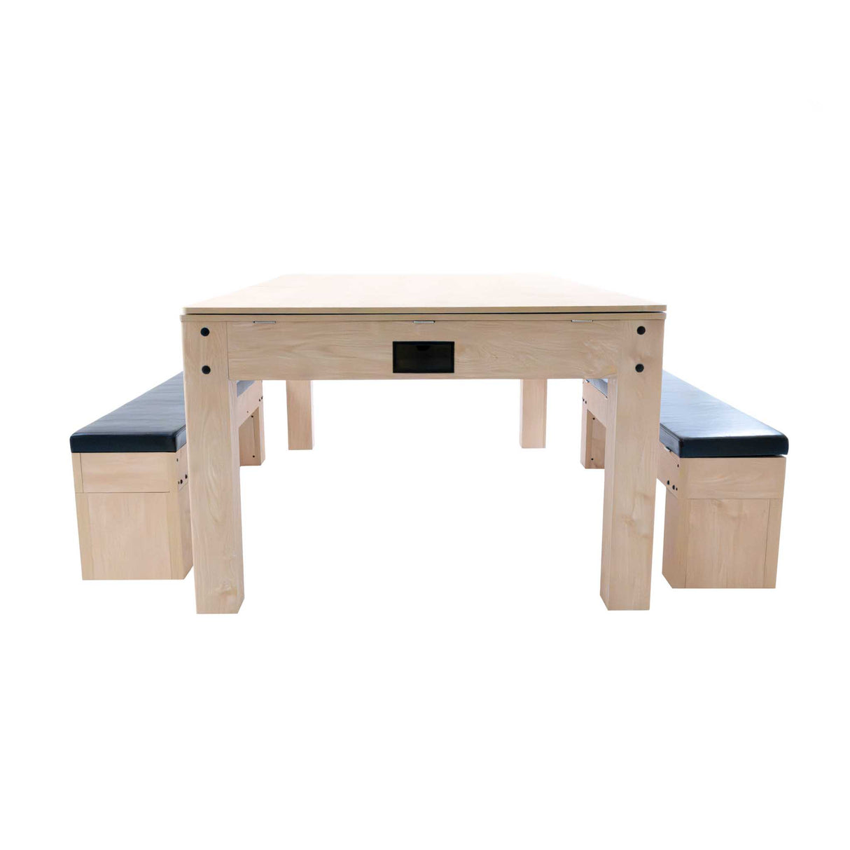 Table multi jeux 7 en 1 en chêne clair avec deux bancs de rangement, surface lisse et finitions modernes, design fonctionnel