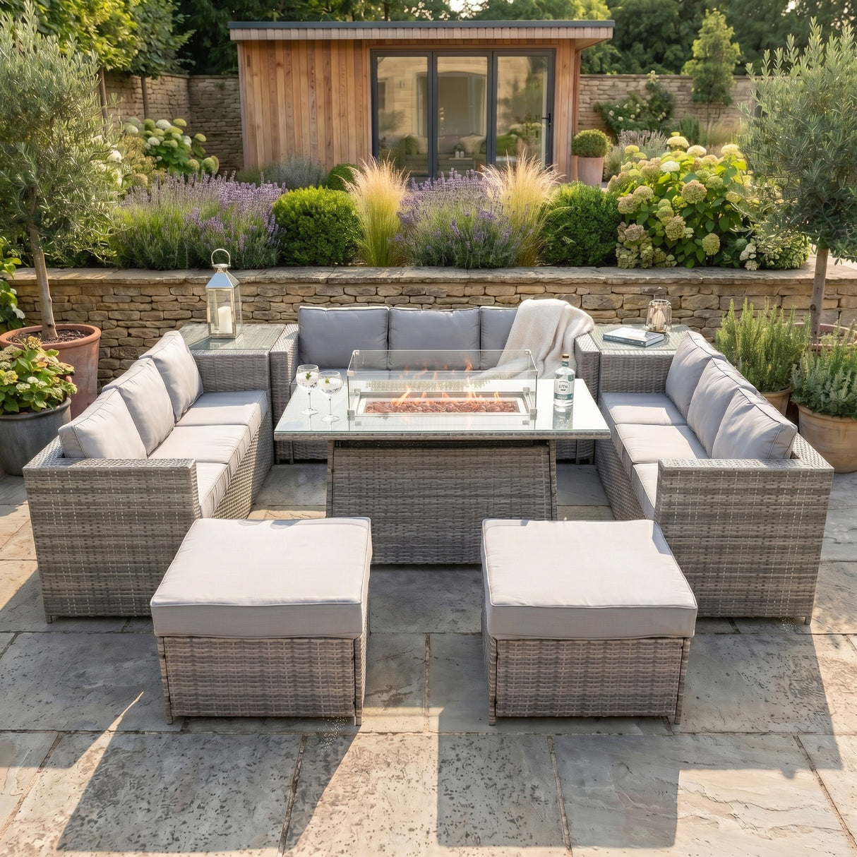 Ensemble Salon de Jardin 11 Personnes en Rotin & Foyer à Gaz - Gris