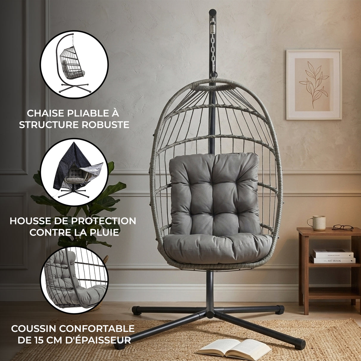 Fauteuil Œuf Suspendu en Rotin - Gris