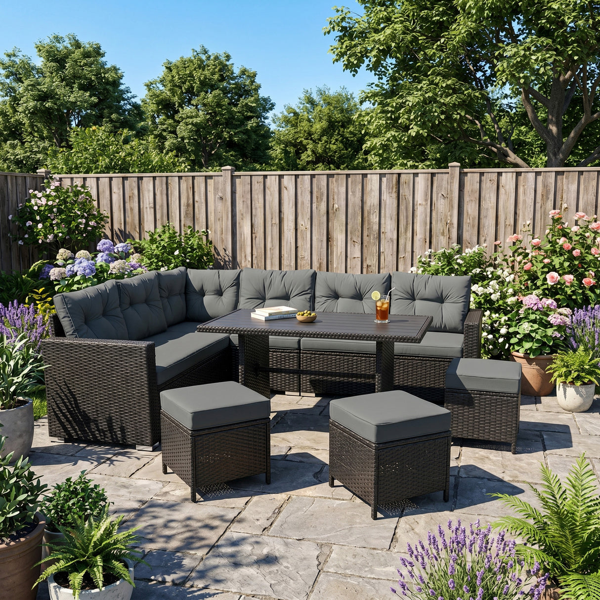 Salon de Jardin en Rotin & Table en Bois Composite - Noir