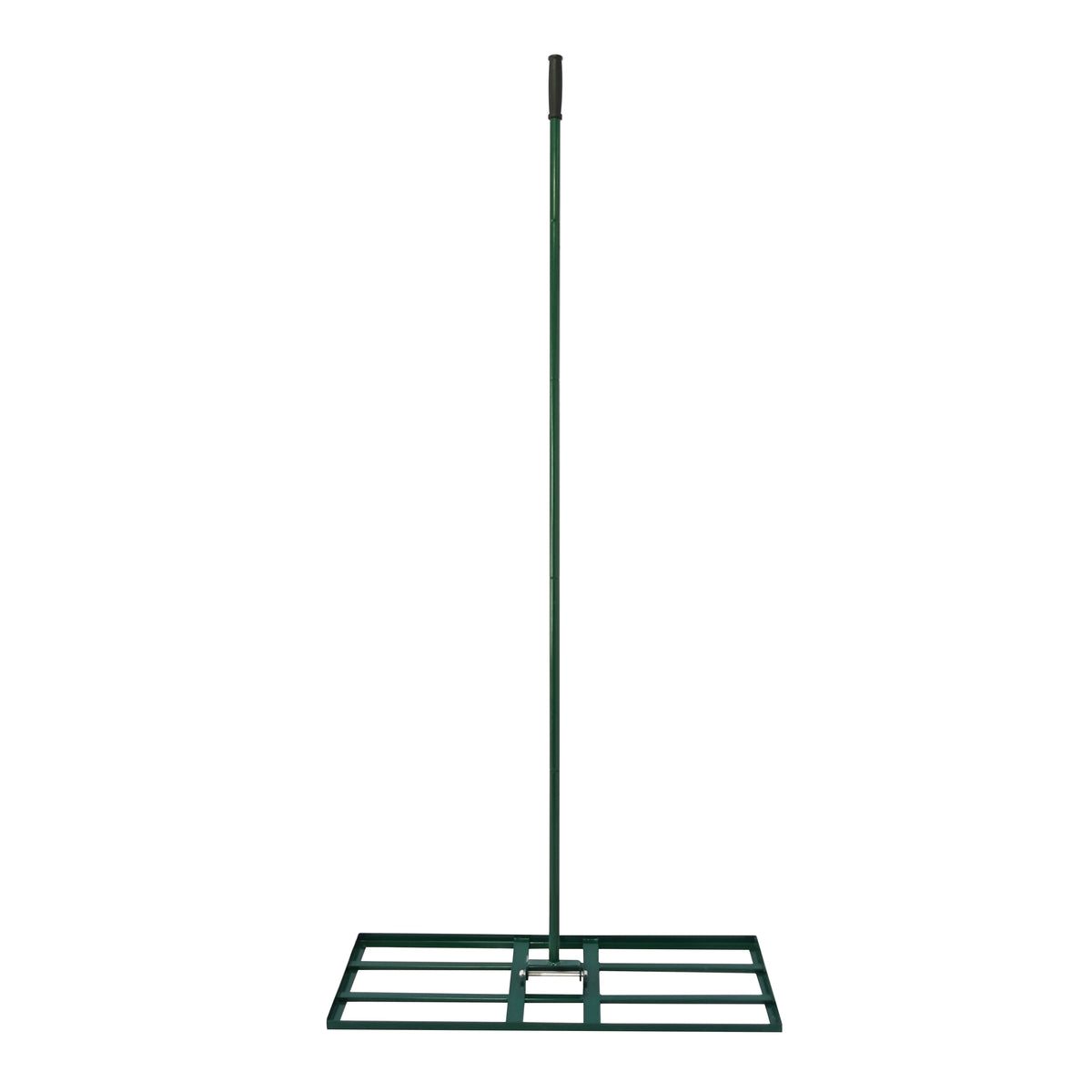 Niveleur de pelouse vert avec manche extensible de 100 cm, conçu pour égaliser le sol avec une base rectangulaire et des grilles robustes