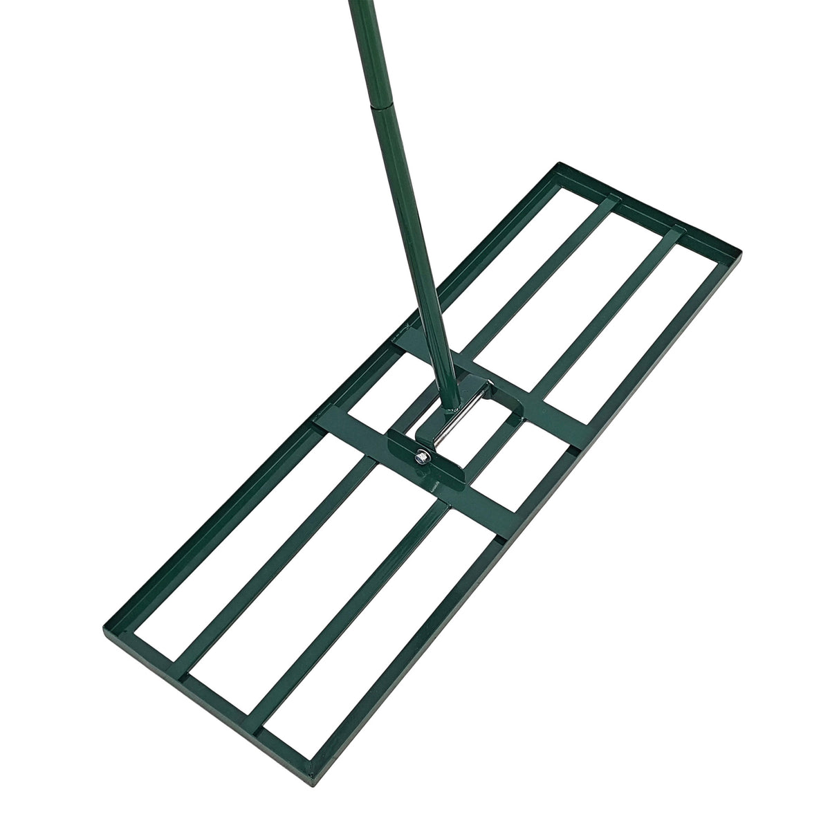 Niveleur de pelouse vert avec manche extensible de 100 cm, surface plate en métal, conçu pour égaliser le sol et améliorer le jardinage