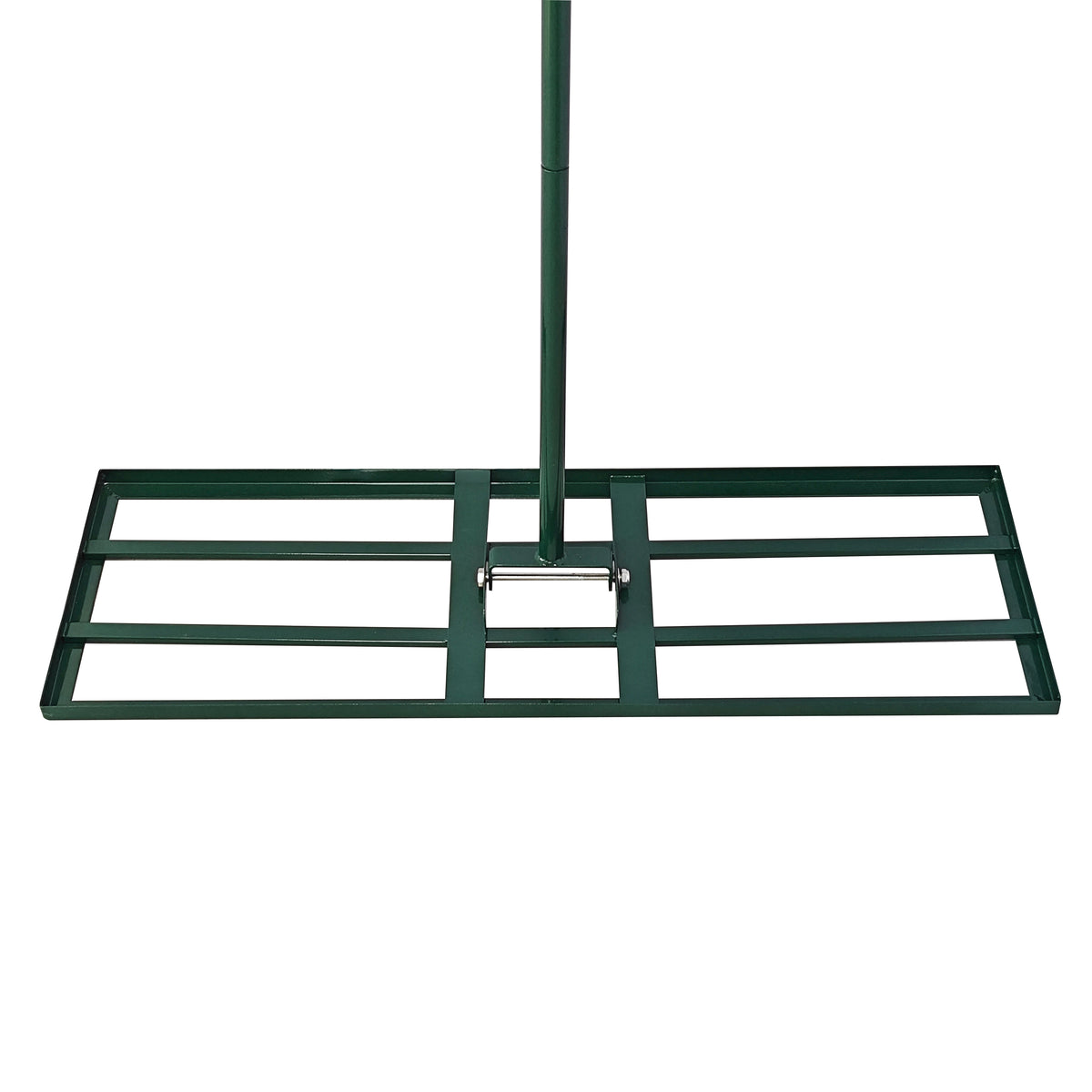 Niveleur de pelouse vert avec manche extensible de 100 cm, base rectangulaire en métal, conçu pour un nivellement efficace du sol