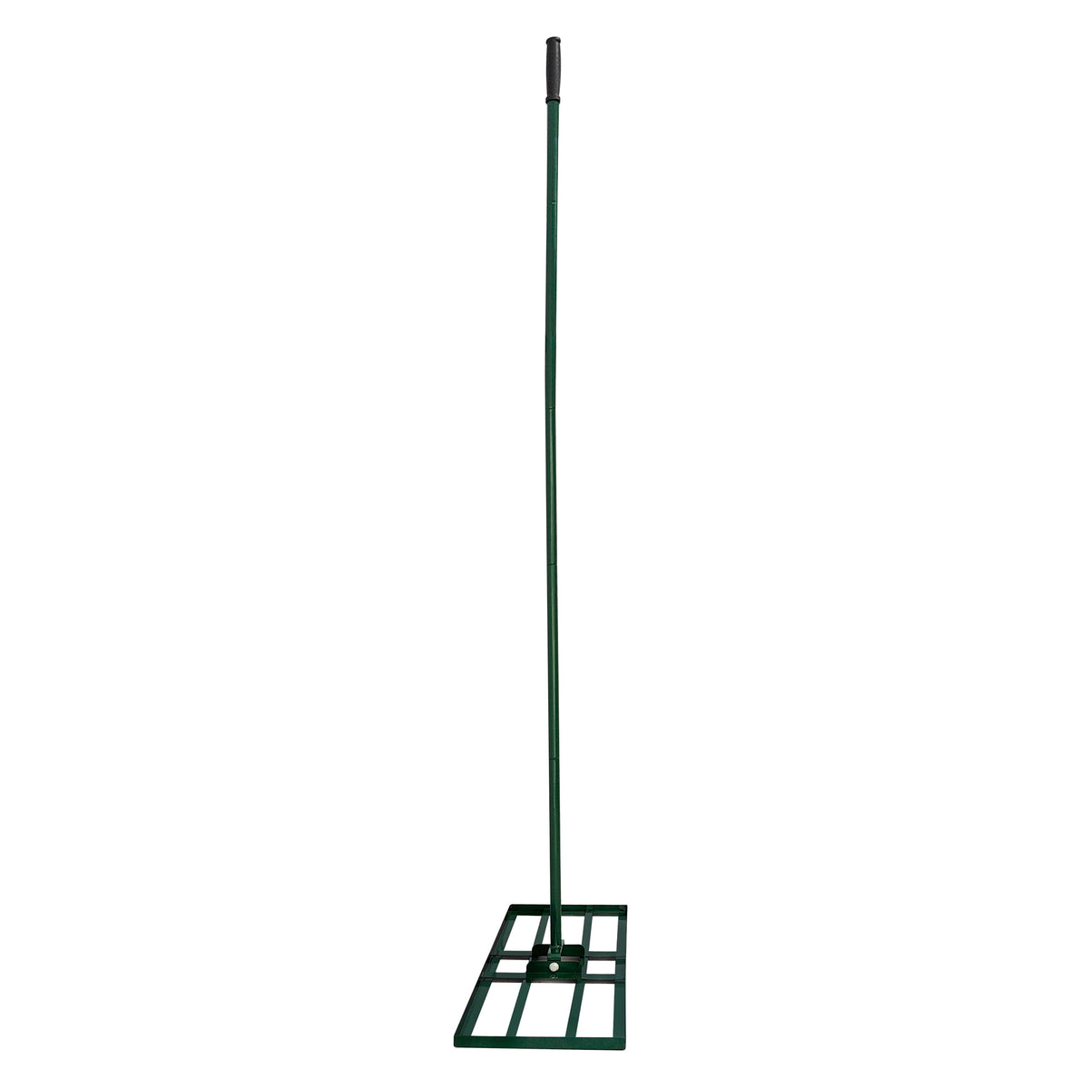 Niveleur de pelouse vert avec manche extensible de 100 cm, conçu pour égaliser le sol, avec une base rectangulaire robuste et un fini lisse
