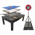 Table multi jeux 7 en 1 gris avec surfaces pour fléchettes, billard, ping-pong et anneau LED, offrant une texture lisse et moderne
