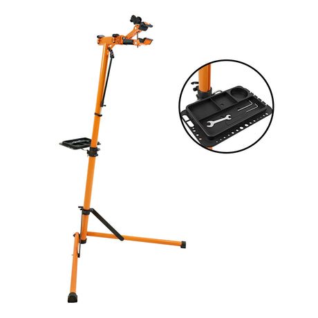 Pieds d'atelier mécanique Deluxe pour vélo, en métal orange, avec support ajustable et plateau pour outils, design robuste et stable