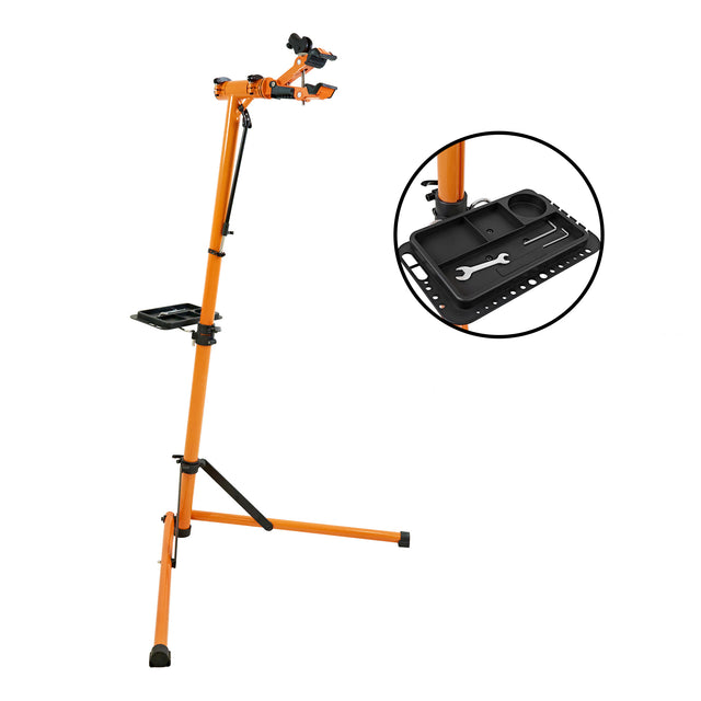 Pieds d'atelier mécanique Deluxe pour vélo, en métal orange, avec support ajustable et plateau pour outils, design robuste et stable