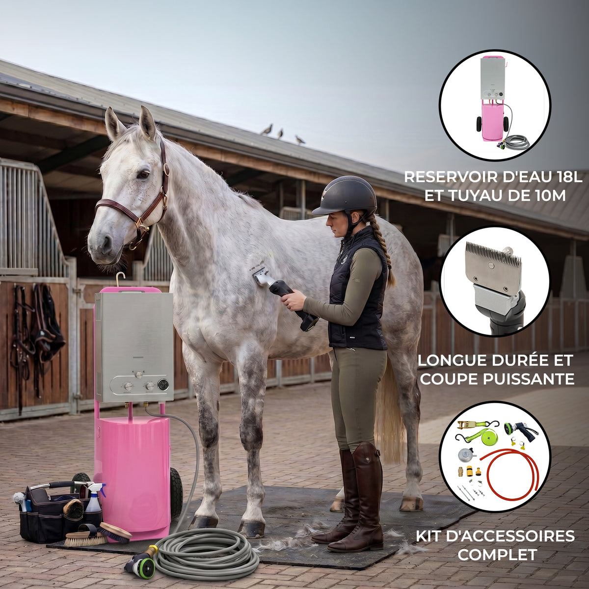Douche portable deluxe rose pour chevaux, avec réservoir de 18L, tuyau de 10m et tondeuse sans fil, idéale pour le toilettage