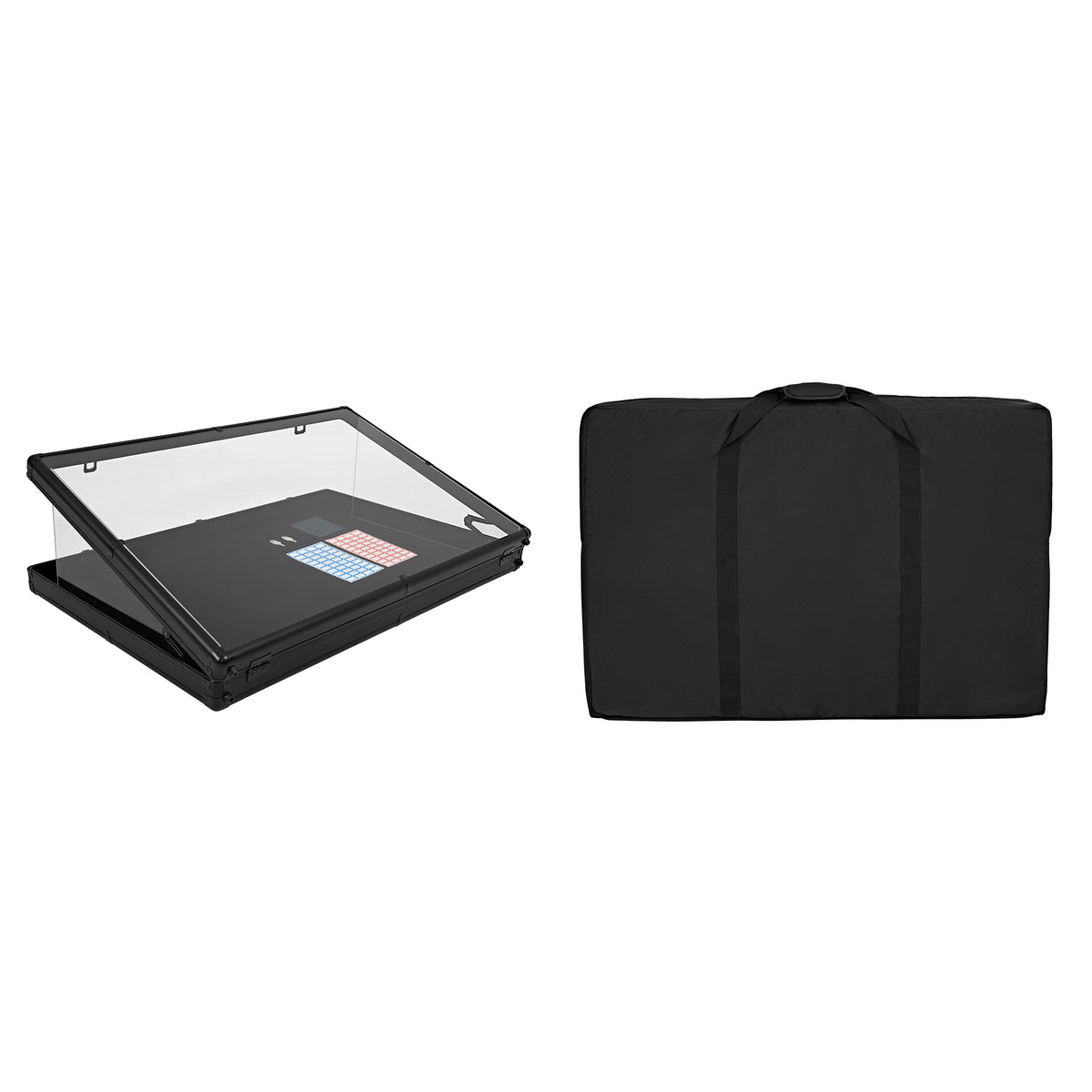 Vitrine verrouillable en acrylique transparent avec cadre noir, accompagnée d'un sac de transport noir pour cartes de jeu