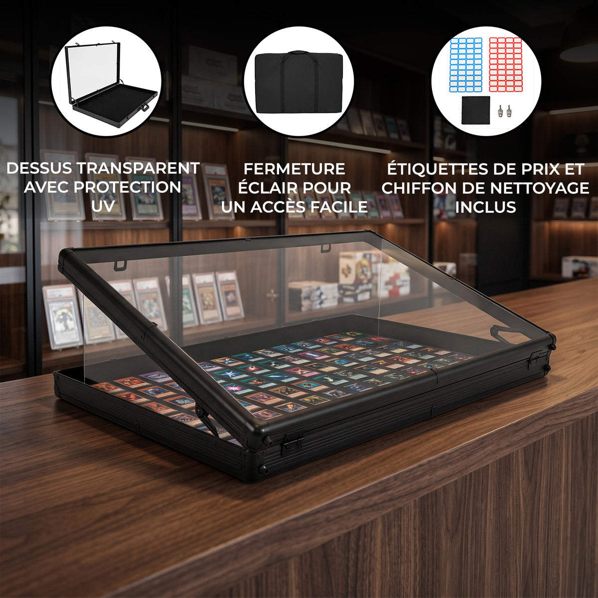 Vitrine verrouillable noire avec dessus transparent, sac de transport inclus, idéale pour exposer et protéger des cartes de collection