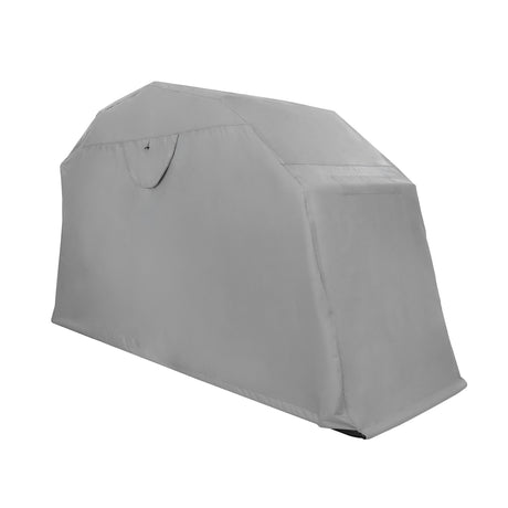 Tente de jardin grise, en tissu imperméable, avec une forme rectangulaire et des coutures renforcées, idéale pour le stockage extérieur