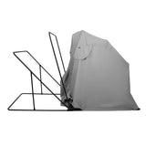 Tente de camping grise avec cadre en métal noir, conçue pour une installation rapide et facile, idéale pour les aventures en plein air