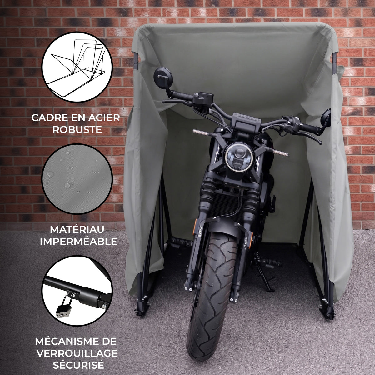 Abri de moto en acier robuste, tissu imperméable gris, conçu pour protéger efficacement contre les intempéries et le vol