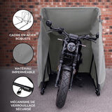 Abri de moto en acier robuste, tissu imperméable gris, conçu pour protéger efficacement contre les intempéries et le vol