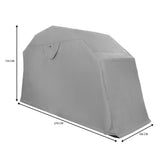 Tente de rangement pour moto de couleur grise, en matériau résistant, avec une forme rectangulaire et des dimensions de 270 cm x 155 cm x 106 cm