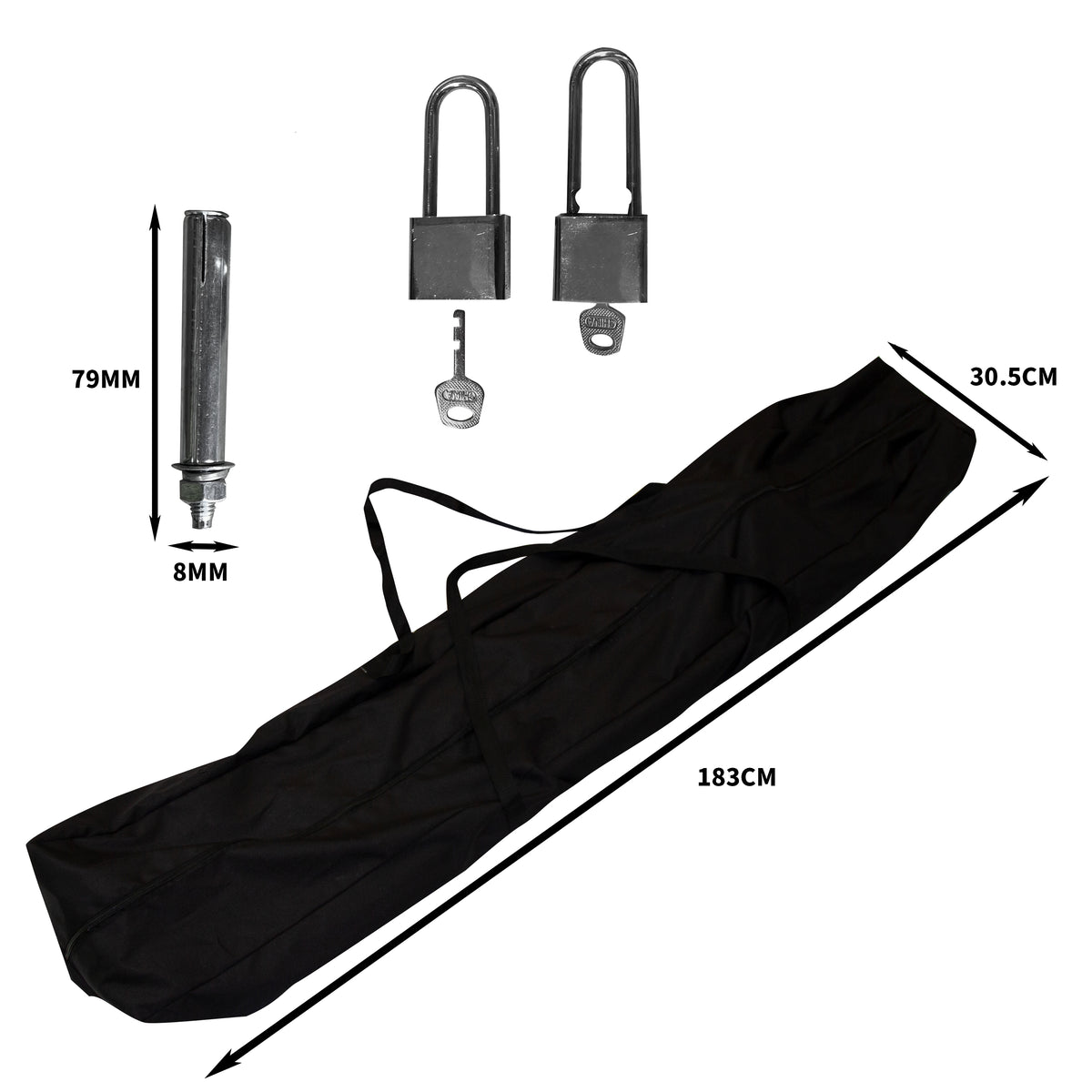 Tente de Rangelent Moto Moyenne en gris, avec accessoires : barres, cadenas et sac de transport, dimensions indiquées sur l'image