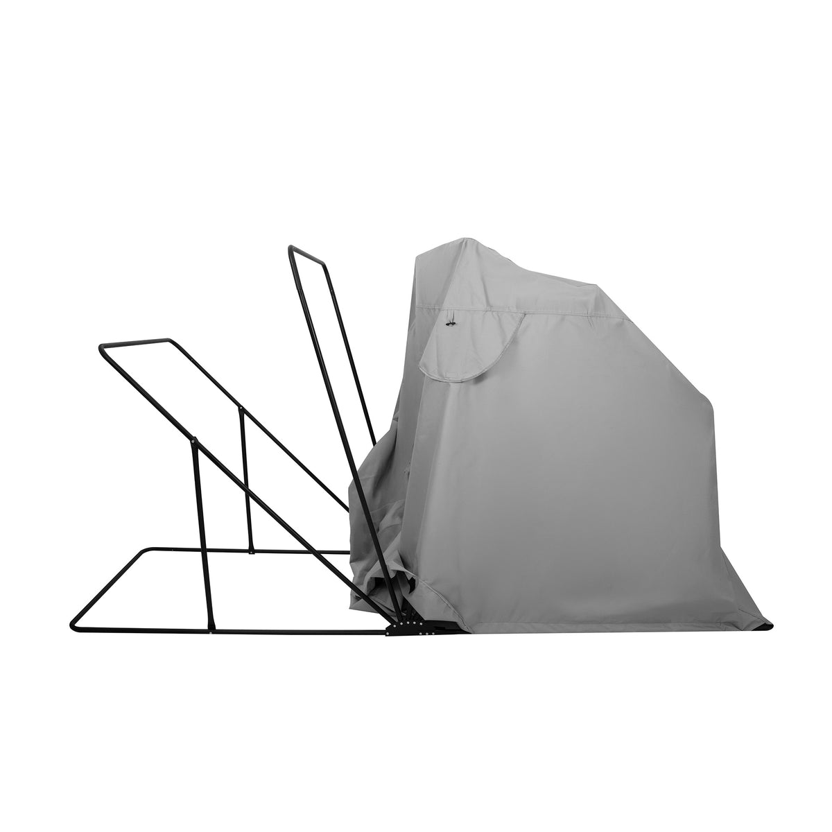 Tente de moto moyenne en gris, fabriquée en matériau résistant, avec une structure en métal noir et un design compact pour un rangement facile