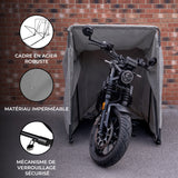 Tente de rangement moto grise avec cadre en acier robuste, matériau imperméable et mécanisme de verrouillage sécurisé, moto à l'intérieur