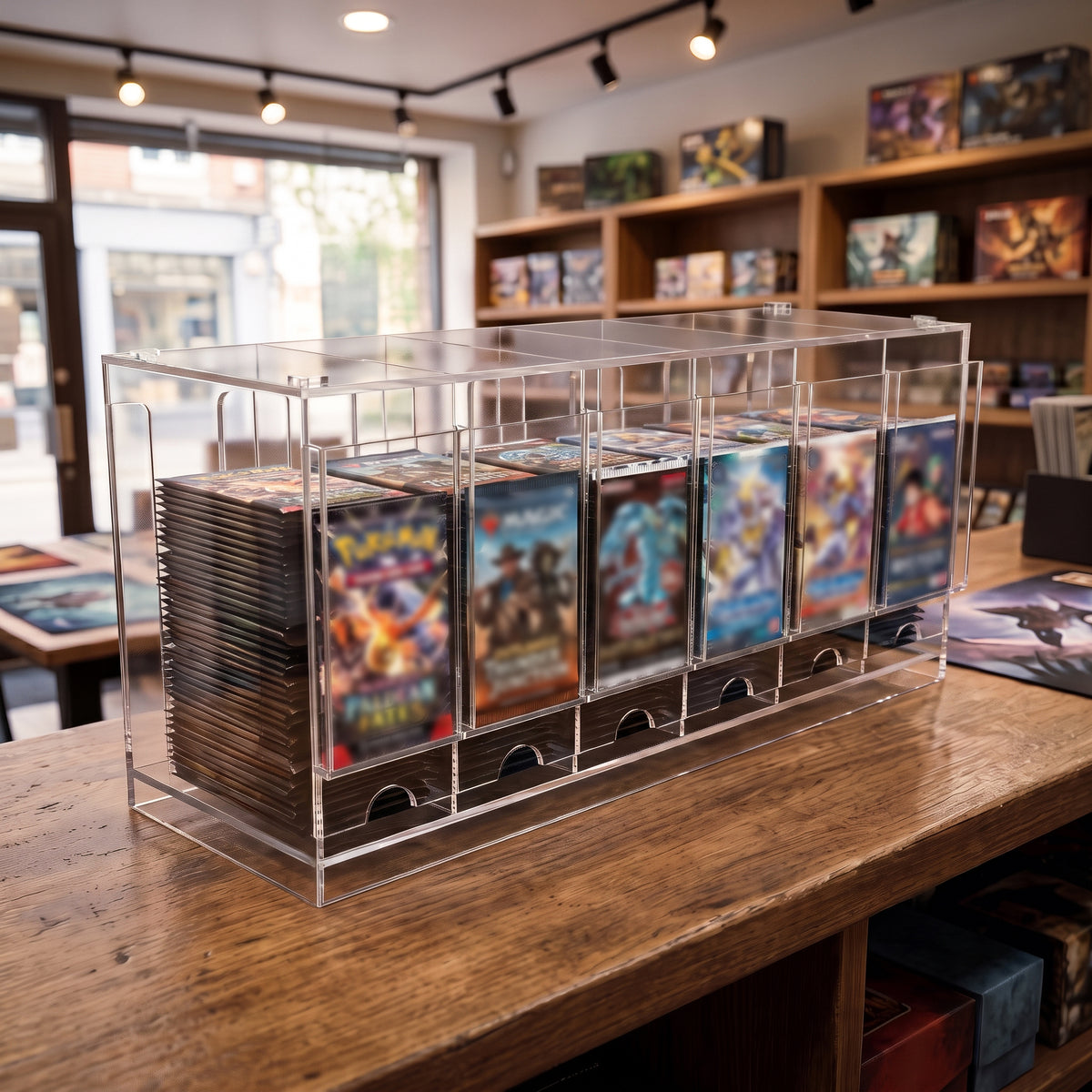 Boîte en acrylique transparente contenant des cartes de jeux colorées, exposée sur un comptoir en bois dans un magasin de jeux