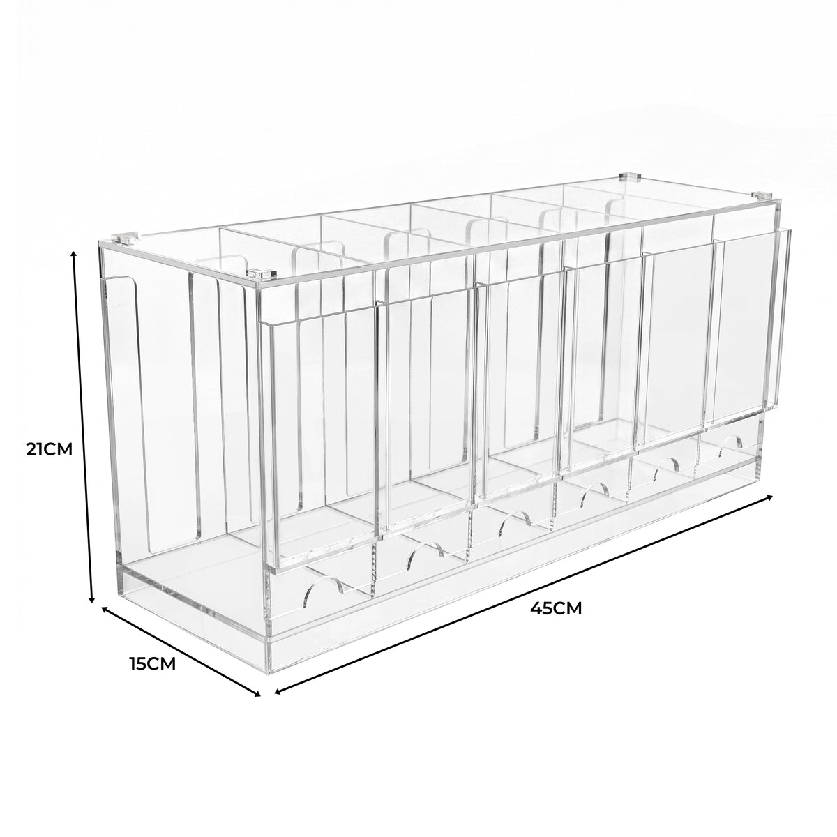 Organisateur de bureau en acrylique transparent, dimensions 45 cm de long, 21 cm de haut et 15 cm de large, avec plusieurs compartiments pour le rangement