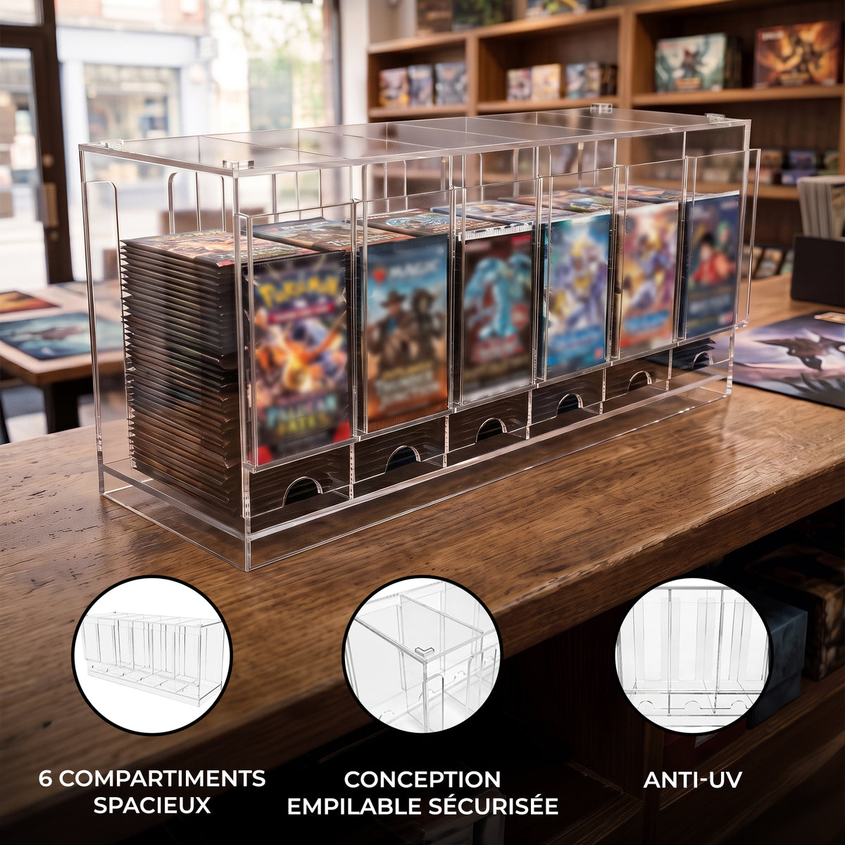 Boîte de rangement en acrylique transparente avec 6 compartiments spacieux, conception empilable et protection anti-UV pour cartes