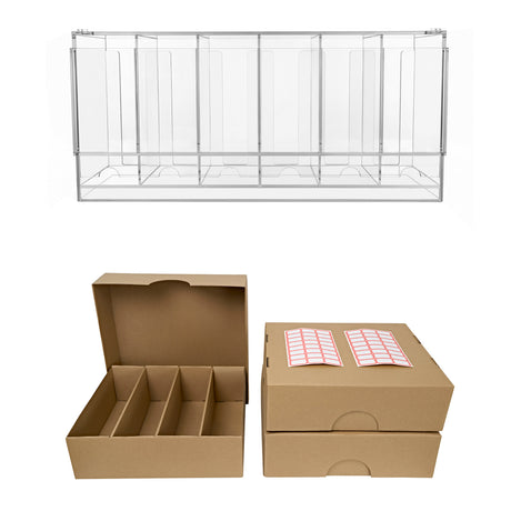Support en acrylique transparent pour l'affichage de produits, accompagné de boîtes en carton brun avec compartiments et étiquettes autocollantes