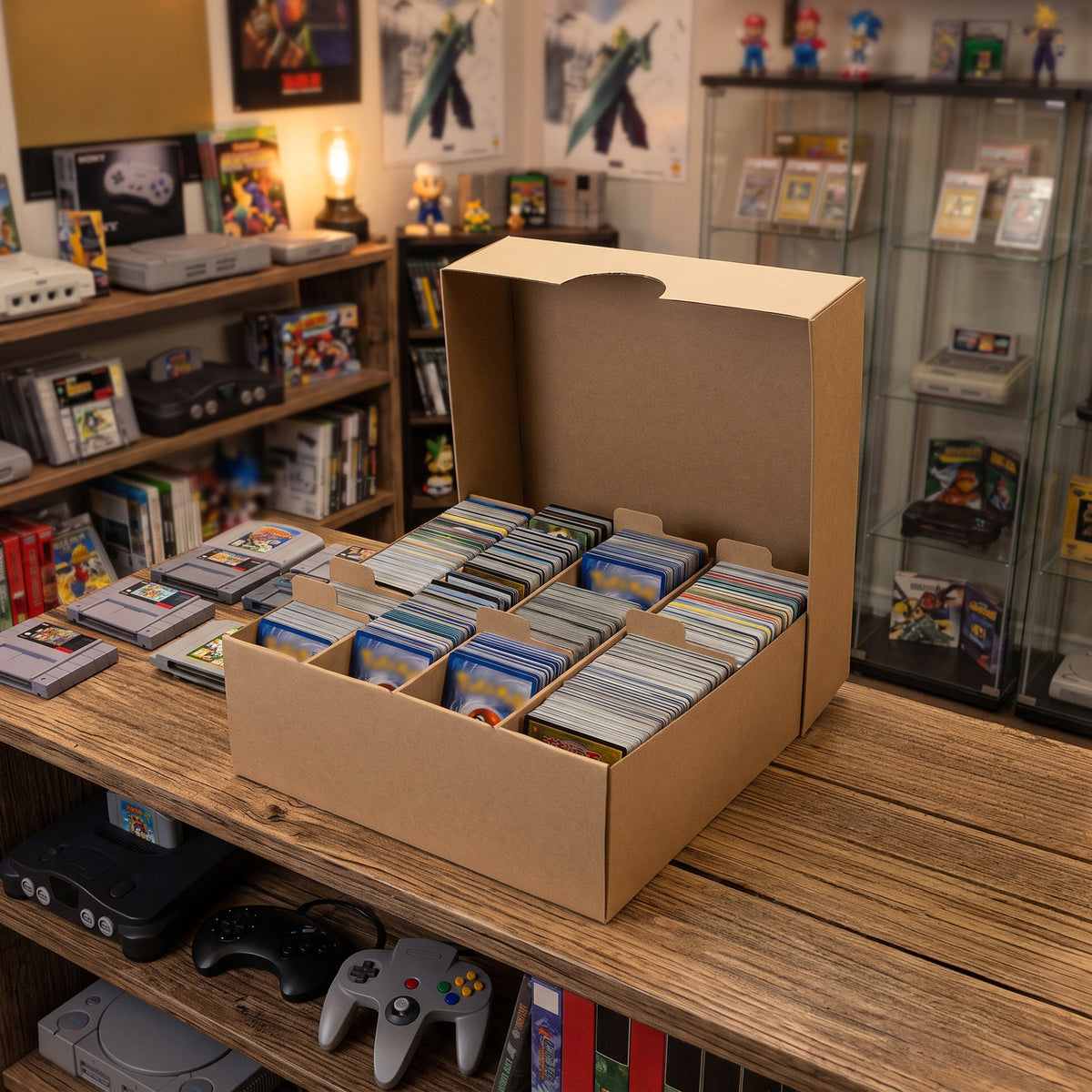 Boîte en carton beige contenant des cartes de jeu organisées, posée sur une table en bois, avec des consoles rétro en arrière-plan