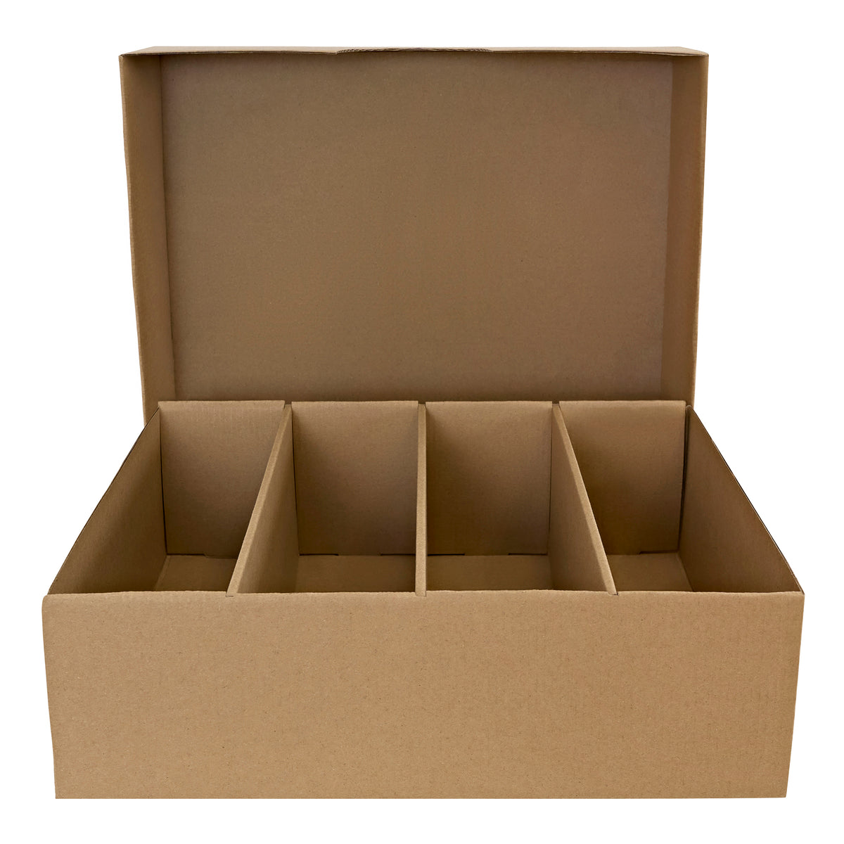 Boîte en carton marron avec un couvercle ouvert, divisée en quatre compartiments, idéale pour le rangement et l'organisation