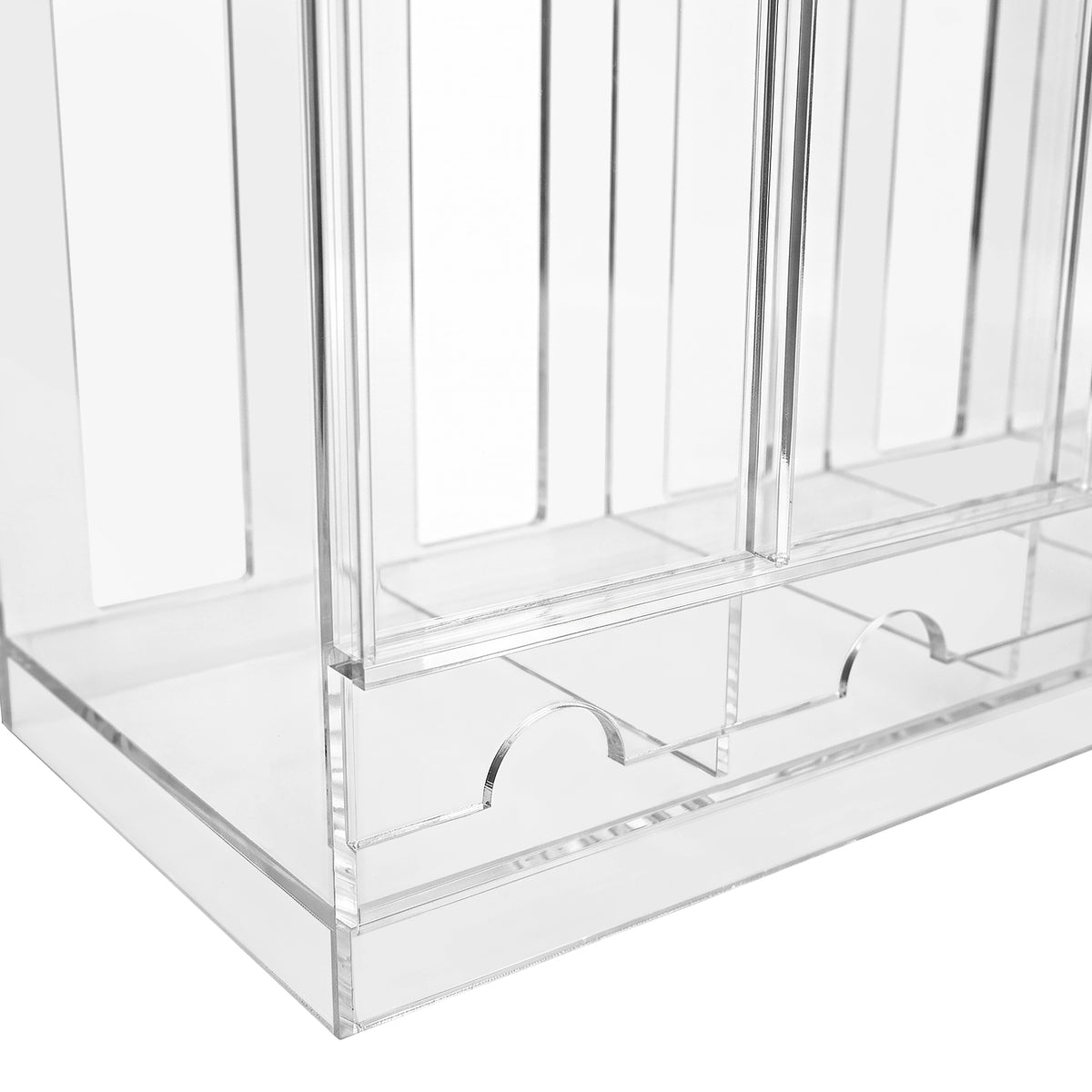 Organisateur de bureau en acrylique transparent, avec plusieurs compartiments, offrant une finition lisse et moderne pour un rangement élégant