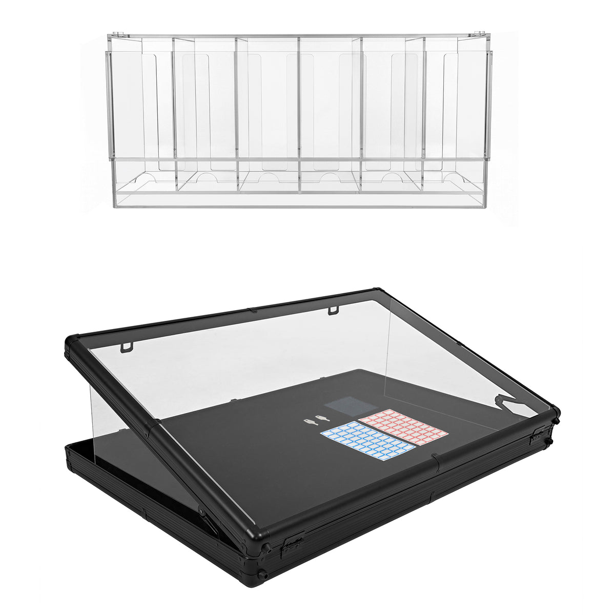 Vitrine de présentation en acrylique transparent avec un couvercle noir, idéale pour exposer des produits en toute sécurité