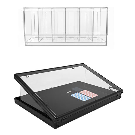 Vitrine de présentation en acrylique transparent avec un couvercle noir, idéale pour exposer des produits en toute sécurité