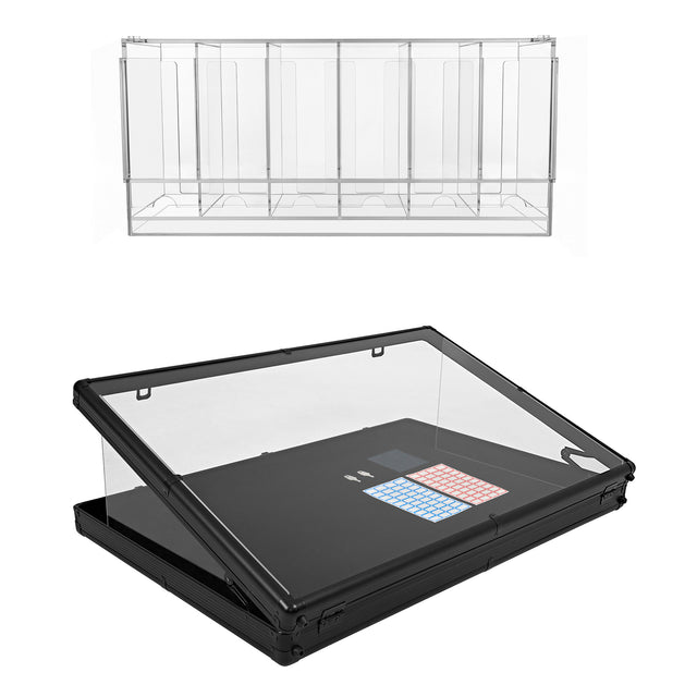 Vitrine de présentation en acrylique transparent avec un couvercle noir, idéale pour exposer des produits en toute sécurité