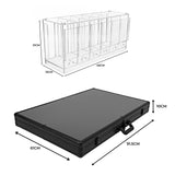 Boîte de rangement en plastique transparent avec cinq compartiments, dimensions 45 cm x 21 cm, et mallette noire de 61 cm x 91,5 cm x 10 cm