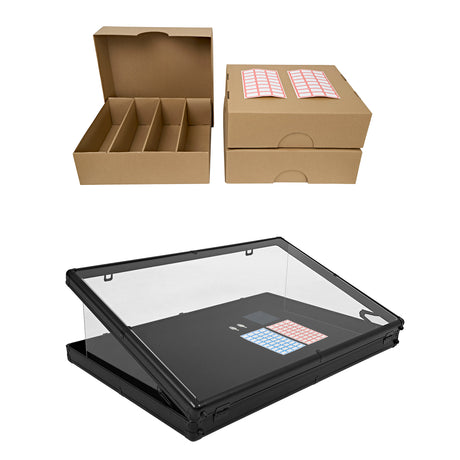 Boîtes en carton marron avec séparateurs internes et un présentoir en acrylique noir, idéal pour l'organisation et la présentation des produits
