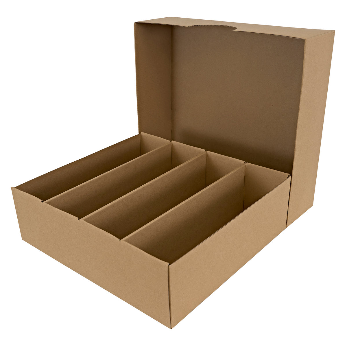 Boîte en carton marron, ouverte, avec quatre compartiments intérieurs, idéale pour le rangement ou l'expédition de produits