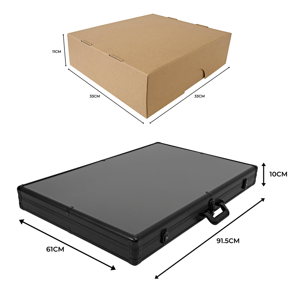 Boîte en carton marron de 33x33x11 cm et mallette noire en aluminium de 61x91,5x10 cm, idéale pour le rangement et le transport
