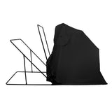 Tente de camping noire avec structure en métal, offrant une protection contre les intempéries et un design compact pour le transport