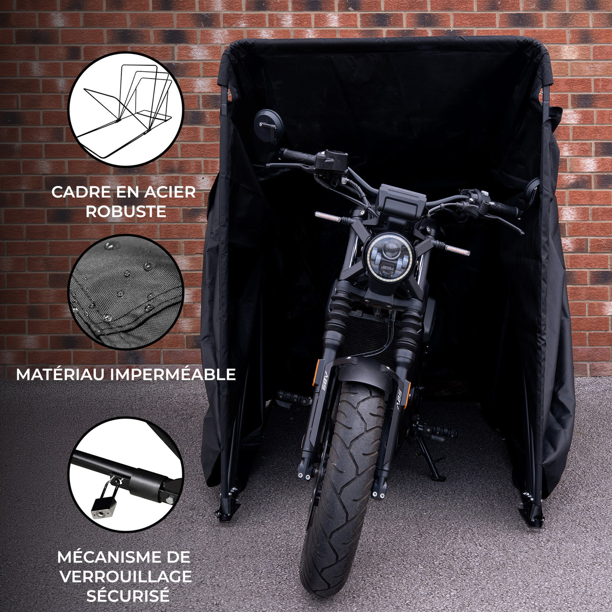 Abri de moto noir en acier robuste, avec un matériau imperméable et un mécanisme de verrouillage sécurisé, idéal pour la protection extérieure