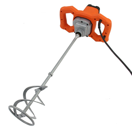 Batteur à main T-Mech avec un moteur gris et un manche orange, équipé d'un fouet en métal en spirale pour mélanger efficacement